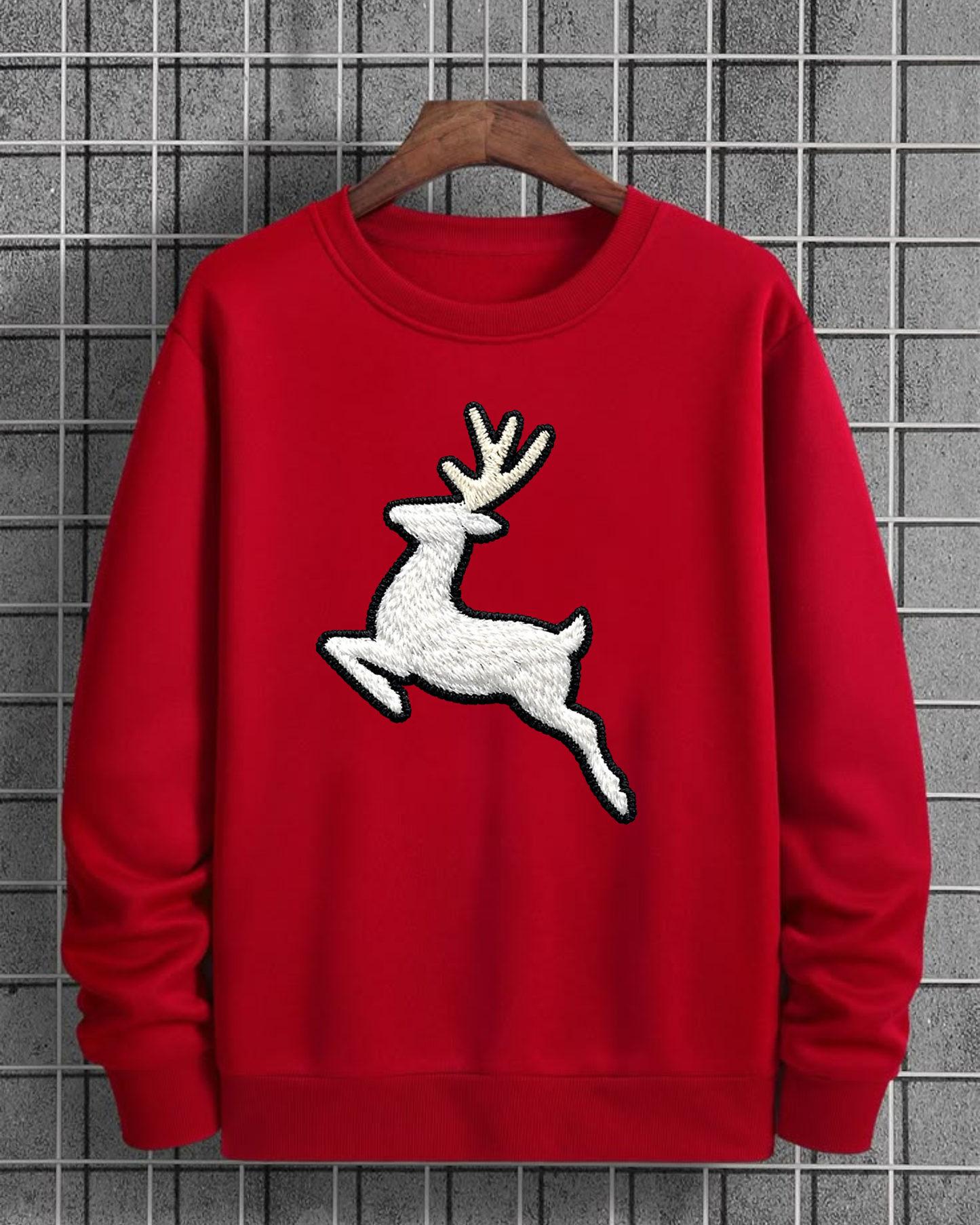 Reindeer Embroidery Look DTF Crewneck Sweatshirt – Red