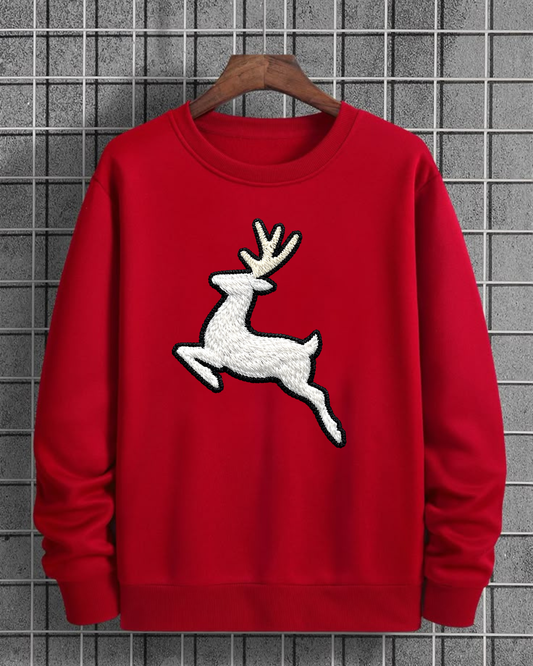 Reindeer Embroidery Look DTF Crewneck Sweatshirt – Red
