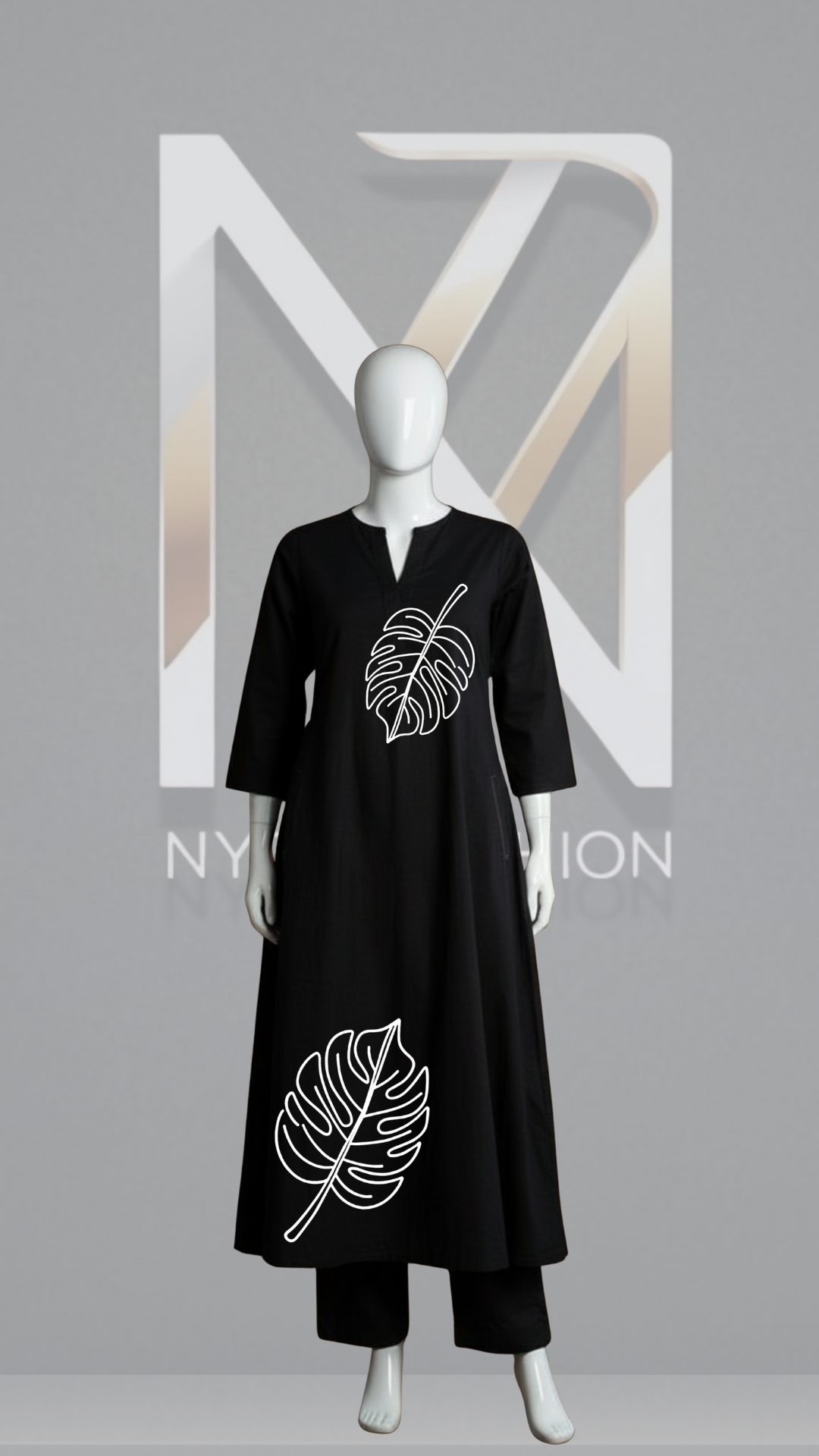 Black Monstera Leaf A-Line Kurta Set
