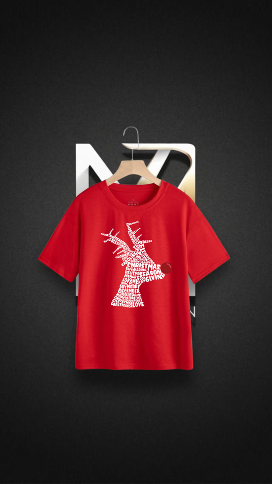 Bold Red Christmas Reindeer Heavy Cotton Tee – 240 GSM