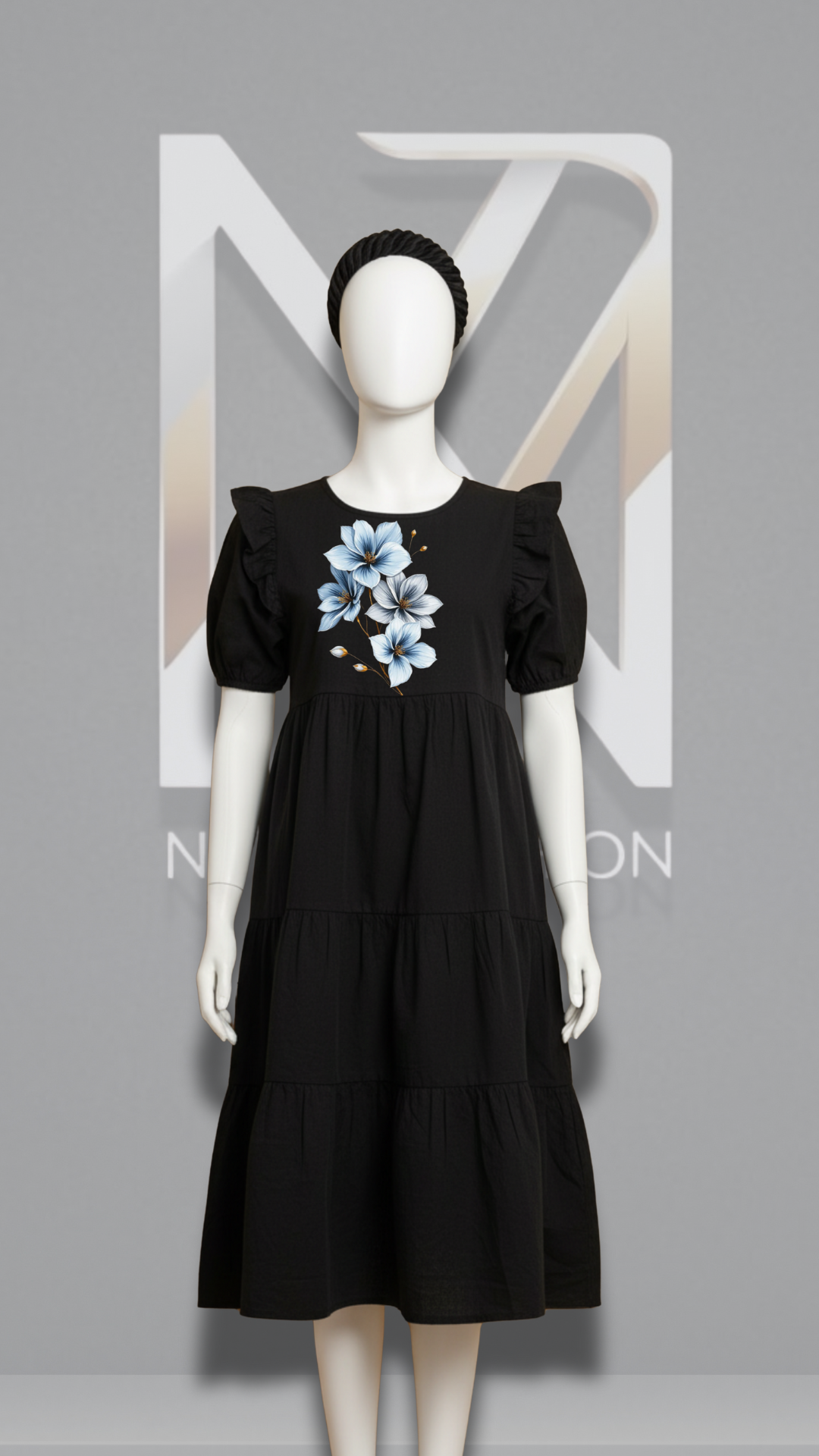 Black Cotton Tier Dress with Floral Print