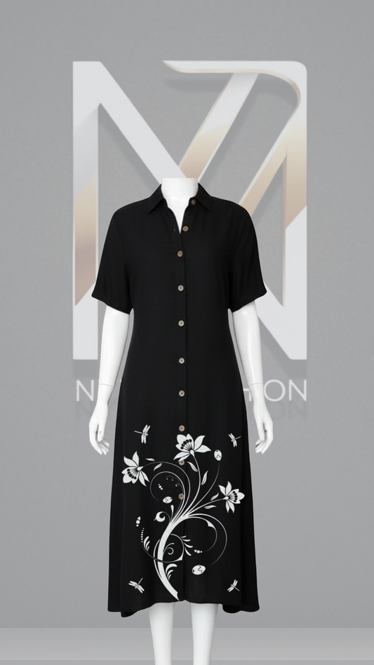 Button-Down A-Line Kurti with White Botanical Design