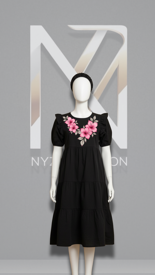 Black Tiered Cotton Dress with Pink Floral Print