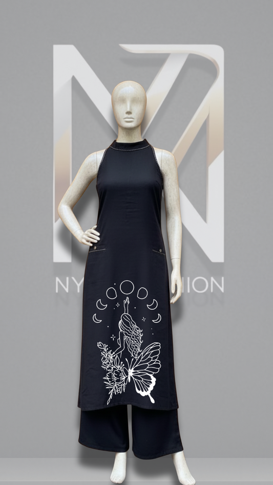 Sleeveless Black Kurti Set with Celestial Butterfly Print