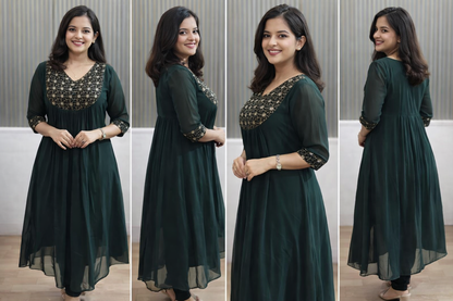 Emerald Green Embroidered Anarkali Kurta Set for Women