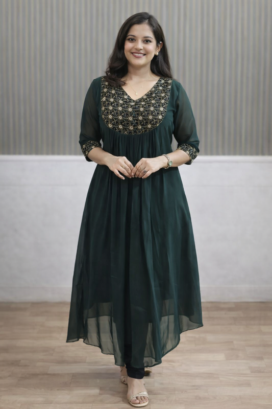 Emerald Green Embroidered Anarkali Kurta Set for Women