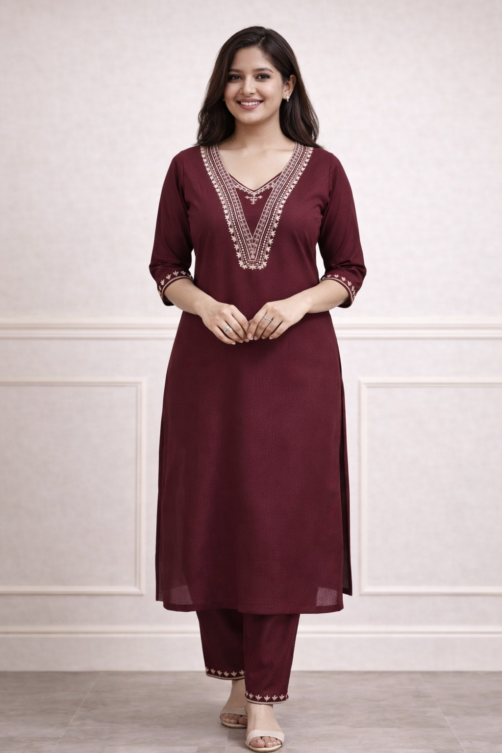 Wine Embroidered Straight Kurti Set with Pants