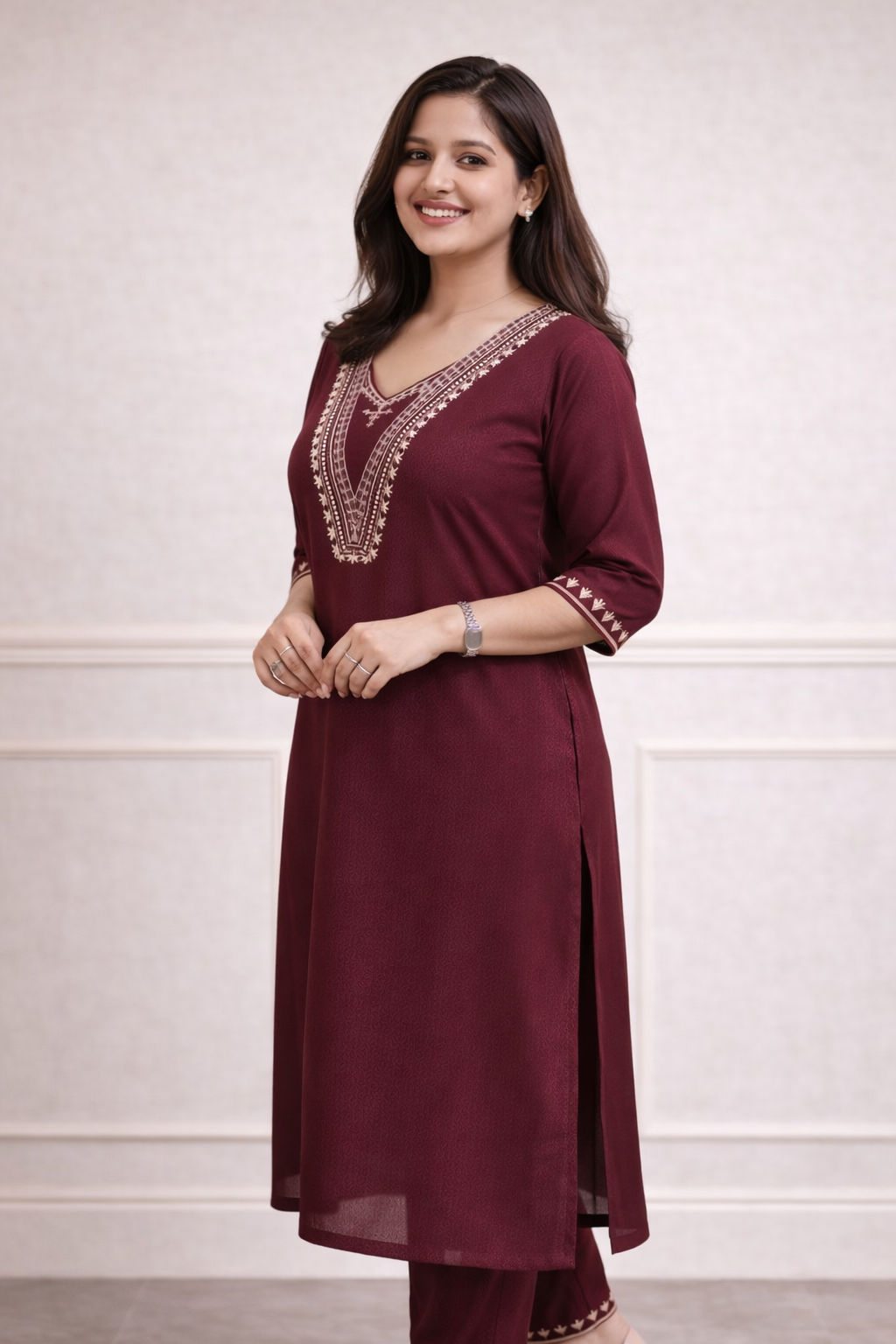 Wine Embroidered Straight Kurti Set with Pants