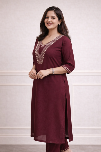 Wine Embroidered Straight Kurti Set with Pants