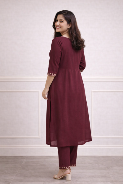 Wine Embroidered Straight Kurti Set with Pants
