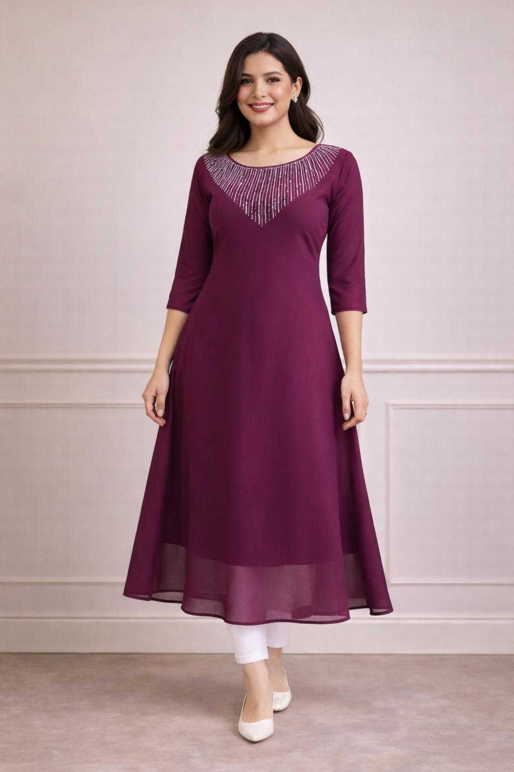 Wine Color Beaded Neck A-Line Kurta