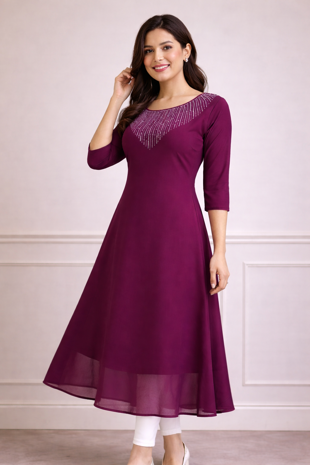 Wine Color Beaded Neck A-Line Kurta