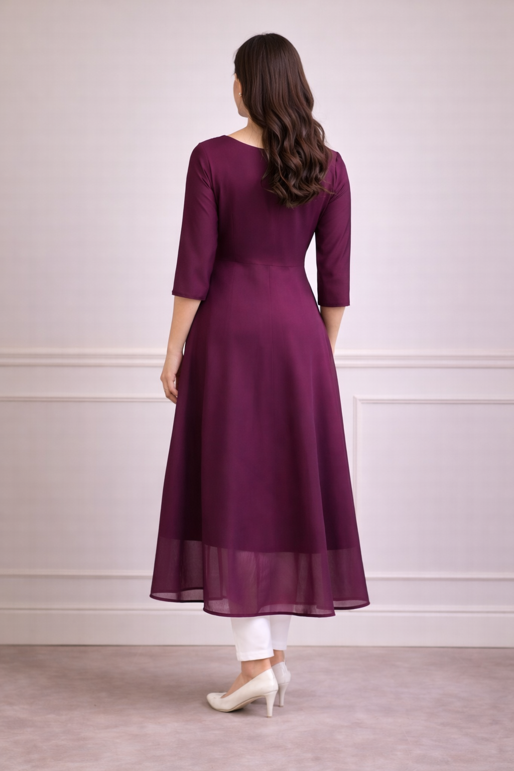 Wine Color Beaded Neck A-Line Kurta