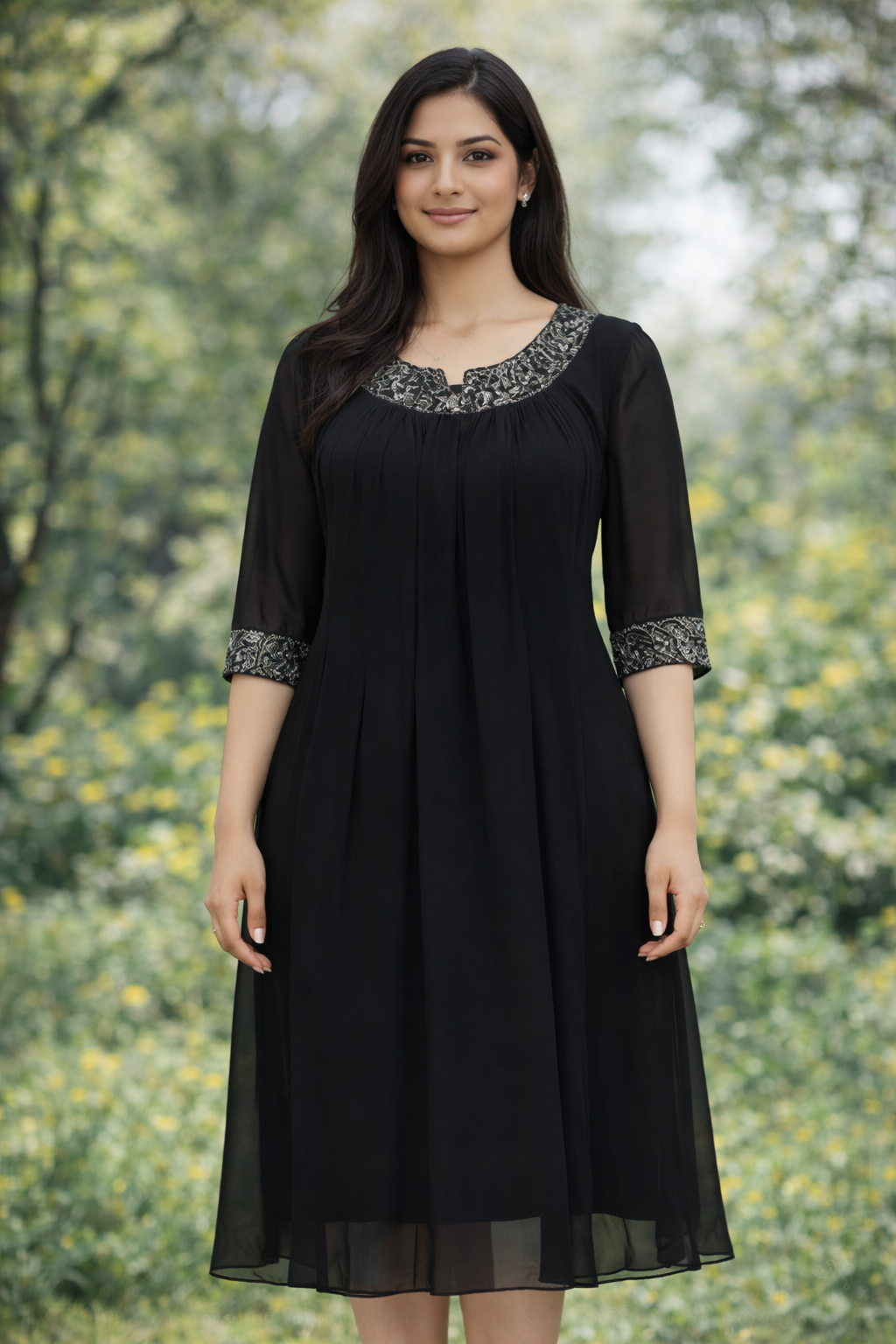Elegant Black Georgette A-Line Dress with Embroidered Neck & Sleeves