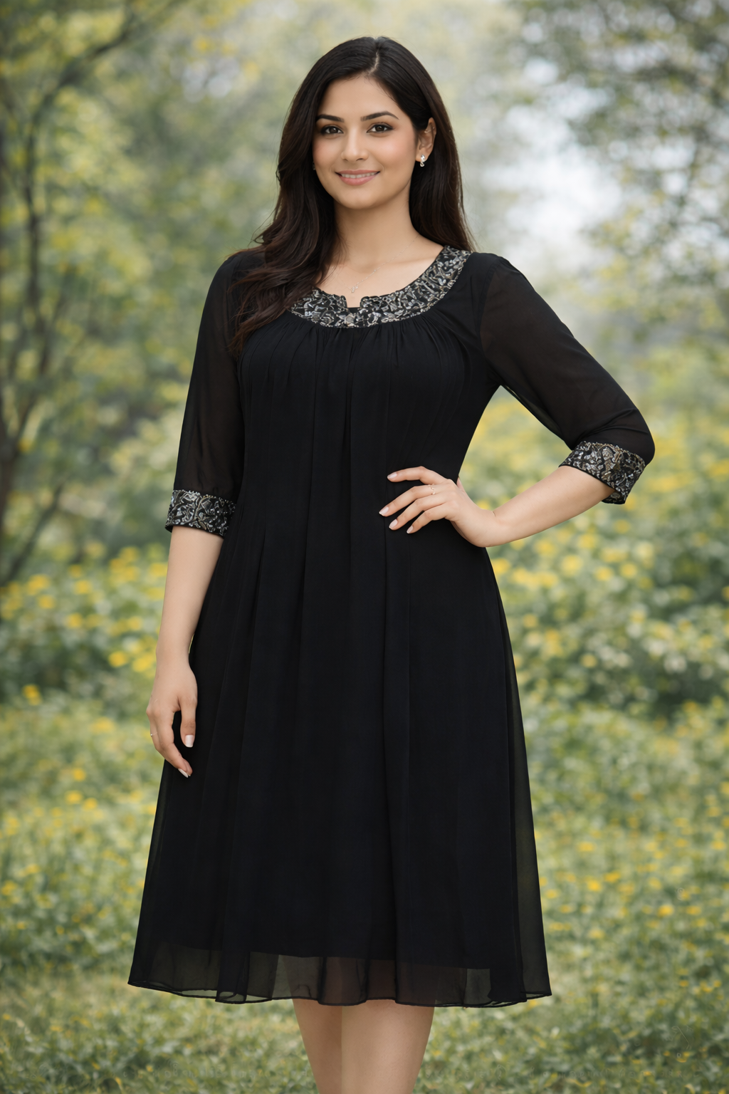 Elegant Black Georgette A-Line Dress with Embroidered Neck & Sleeves