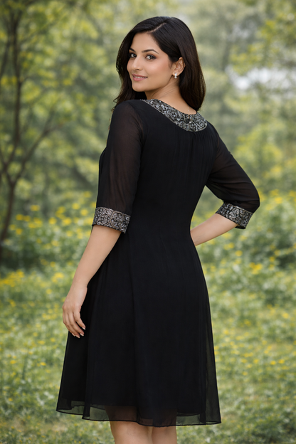 Elegant Black Georgette A-Line Dress with Embroidered Neck & Sleeves