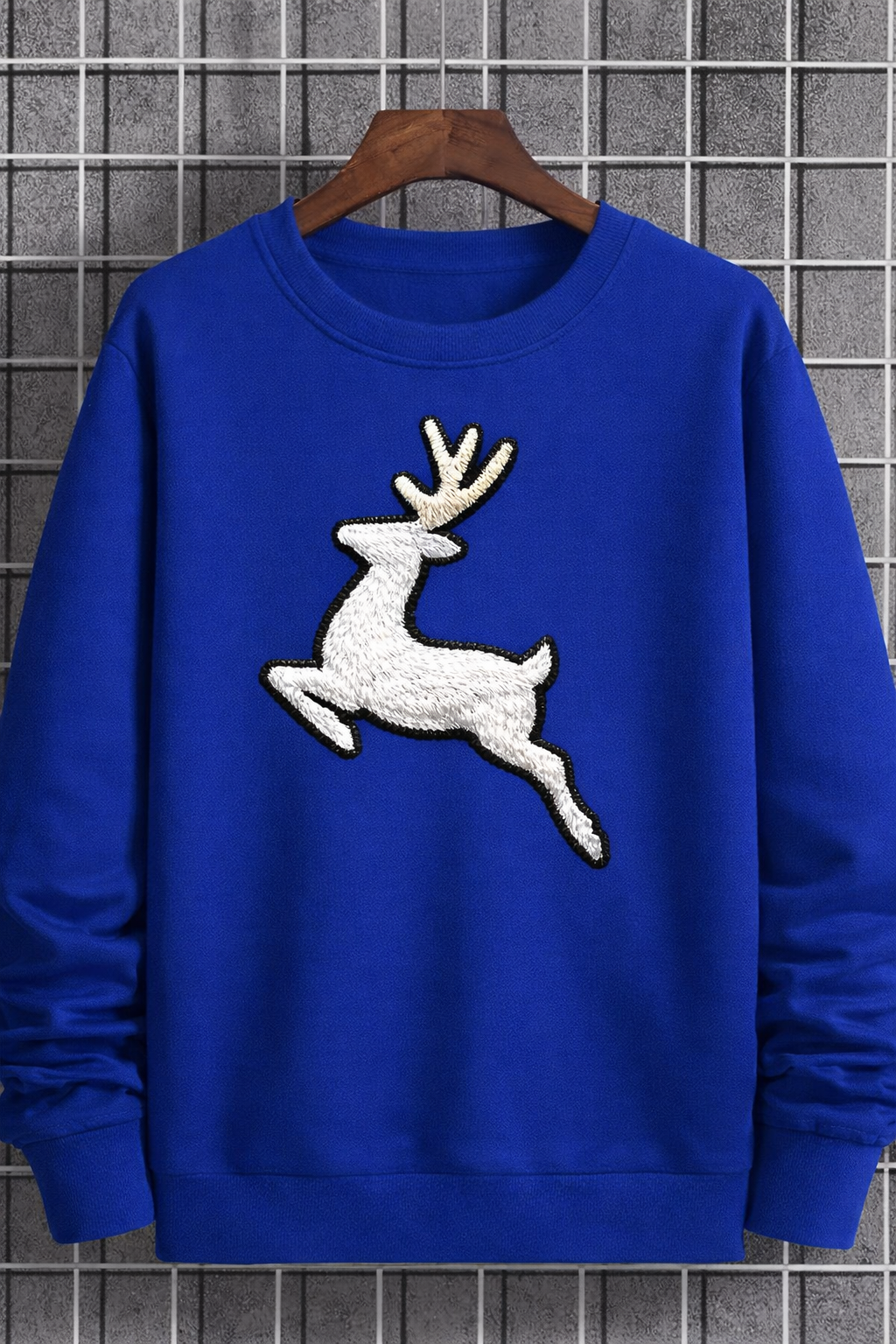 Reindeer Embroidery Look DTF Crewneck Sweatshirt – Red