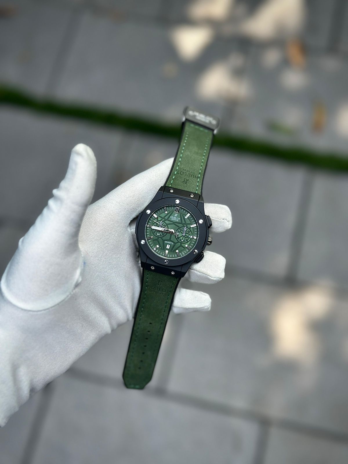 Hublot Green Chronograph Watch with Leather Strap – Luxury Sport Edition