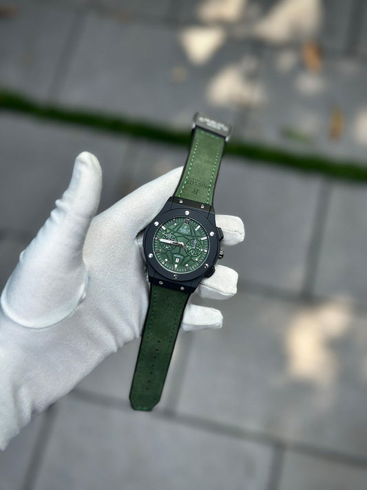 Hublot Green Chronograph Watch with Leather Strap – Luxury Sport Edition